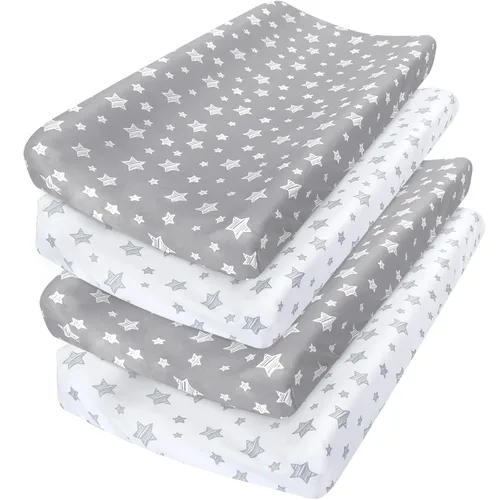 Paquete de 4 fundas para cambiador para niños, con estampado encantador, suave, unisex, para cambiador de pañales, se ajusta a almohadilla Blanco y
