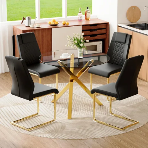 Miniatura 40 de Juego de mesa de comedor redonda para 6, juego de mesa de comedor de vidrio de 39 pulgadas con base de metal ajustable dorada en forma de X y 6