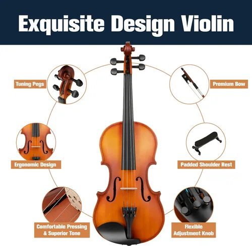 Miniatura 5 de Mendini 1/2 MV Violín de madera maciza con estuche rígido, soporte para los hombros, arco, colofonia y cuerdas adicionales