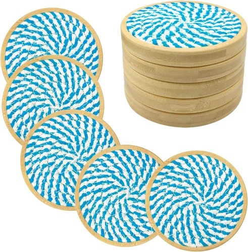 Miniatura 19 de Eykao Paquete de 5 posavasos absorbentes para bebidas, posavasos tejidos de 4.3 pulgadas para mesas de café, posavasos de madera para protección