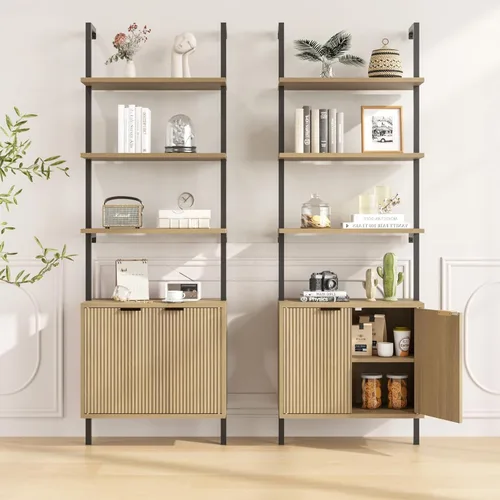 Miniatura 9 de Estantería de escalera con gabinete, estantería de pared de 71 pulgadas de alto con estantes y almacenamiento, estante de escalera estriado