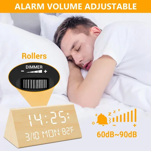 Miniatura 6 de Kogonee Reloj despertador digital de madera, atenuación 0-100%, 2 configuraciones de alarma, modo todos los días/fin de semana, repetición de 9