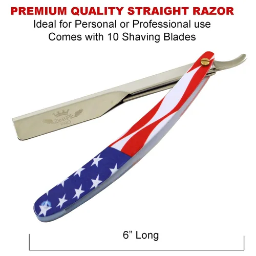 Miniatura 3 de Maquinilla de afeitar de borde recto, calidad de peluquería (bandera estadounidense) para hombre con corte de barba + 10 cuchillas de afeitar Zeepk