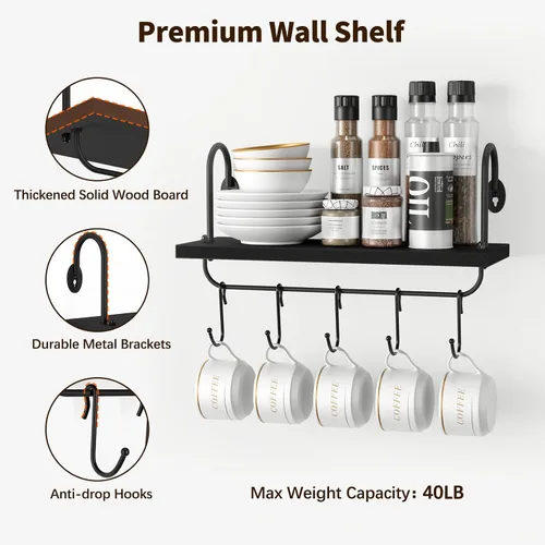 Miniatura 4 de Olakee Estantes flotantes de pared para cocina, baño, rincón de café con 10 ganchos ajustables para tazas, utensilios de cocina o toallas, estantes