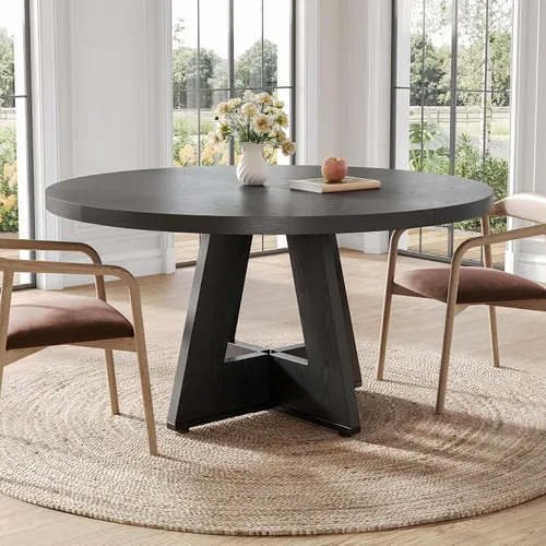 Miniatura 2 de LITTLE TREE Mesa de comedor redonda para 4-6 personas, mesa de comedor de 47 pulgadas con base de pedestal de madera, mesas de comedor negras, mesas