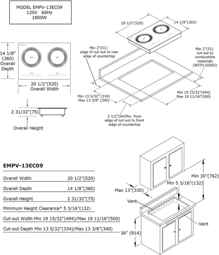 Miniatura 6 de Empava Placa de inducción doble/dual de 2 quemadores, parte superior de vidrio plano resistente a roturas, 18 niveles desde 120°F hasta 460°F, 3