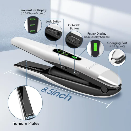 Miniatura 4 de SUNMAY Alisador de pelo inalámbrico, mini plancha plana portátil para viajes, calentamiento rápido de 20 segundos, recargable USB-C de 5000 mAh