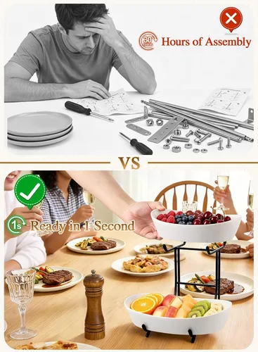 Miniatura 3 de Cuencos de frutas para encimera de cocina, no requiere montaje, cuencos de porcelana de 2 niveles con soporte de metal, cesta de frutas escalonada
