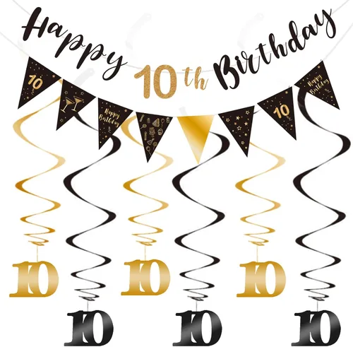 Kit de decoración de cumpleaños número 10, pancarta de feliz décimo remolino, banderines triangulares para decoraciones de fiestas, negro y dorado