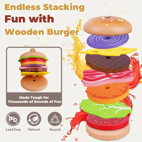 Miniatura 4 de Montessori Toys - Juego de comida de juguete para niños de 3, 4 y 5 años, cocina de madera de juego de comida rápida con hamburguesas, papas fritas