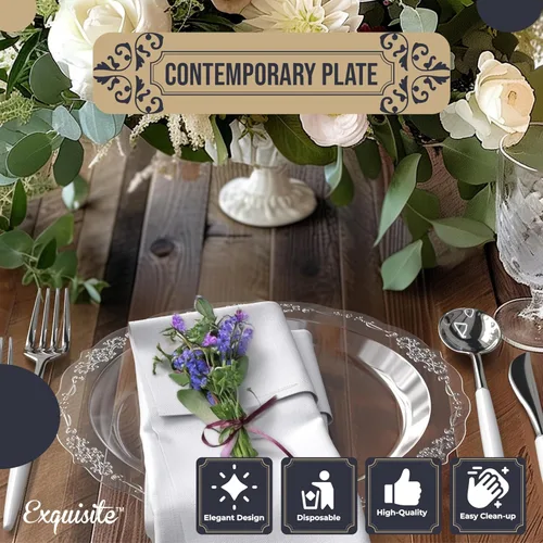 Miniatura 3 de Platos de plástico victorianos exquisitos - Juego desechable de 60 piezas para 60 invitados - 60 platos de postre transparentes y resistentes de 9