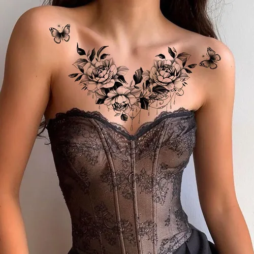 Miniatura 6 de ROARHOWL Conjunto de tatuajes temporales sexy para mujeres, tatuaje sexy hermoso y exquisito 3D con flores realistas, mariposas, abdomen, pecho