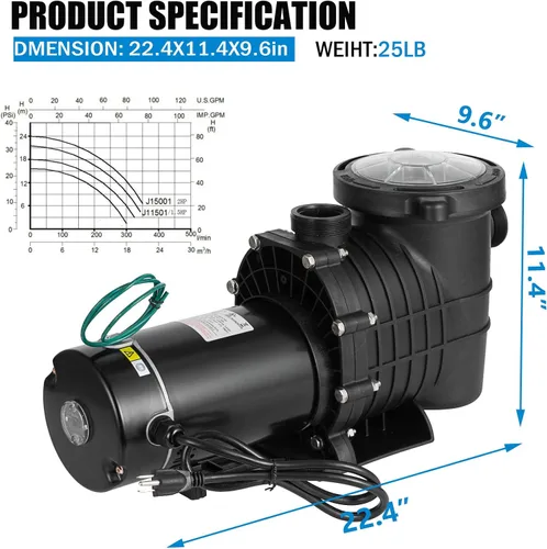 Miniatura 7 de TOPDEEP Bomba de piscina de 1.5 HP para enterrar, bomba de piscina autorecortable sobre el suelo, bombas de piscina de una sola velocidad de doble