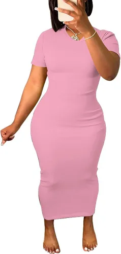 Miniatura 15 de Women's Casual Short Sleeve Dress T Shirt Bodycon Dresses V Neck Maxi Sundress Basic Party Club Dress
