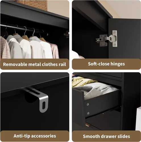 Miniatura 5 de GarveeHome Armario Armario, armario de madera de 69.5 pulgadas con 3 cajones, barra para colgar, armario de almacenamiento de ropa de 2 puertas