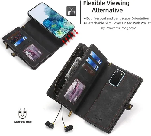 Miniatura 4 de Asuwish Funda de teléfono para Samsung Galaxy S20 Plus/S20+ 5G con cremallera, funda desmontable con protector de pantalla y tarjetero abatible