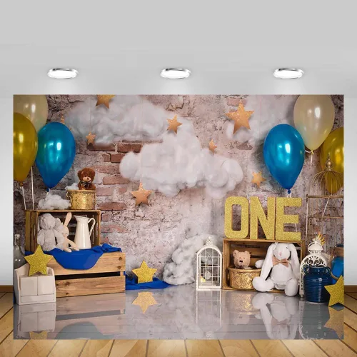 Miniatura 4 de MEHOFOTO - Telón de fondo para estudio fotográfico de un cumpleaños, globos y estrellas de nube, decoración retro para fiesta de primer cumpleaños