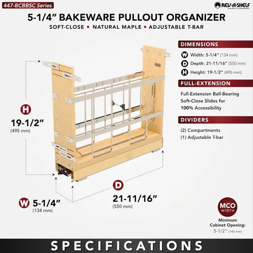 Miniatura 2 de Rev-A-Shelf Estante organizador de utensilios para hornear de madera extraíble de 5 pulgadas para gabinetes de cocina base con cierre suave