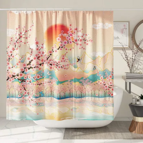 Miniatura 2 de Cortina de ducha japonesa de arte asiático de montaña, cortina de ducha de anime con flor de cerezo, cortina de ducha de poliéster, 72 x 72 pulgadas