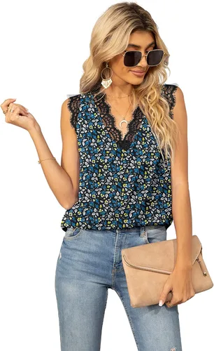 Miniatura 19 de VIISHOW - Camiseta sin mangas, sexy, con cuello en V y bordes de encaje para mujer, camisola de vestir, camisas de gasa, sin mangas, casuales