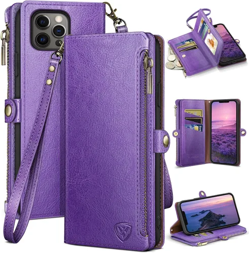 Miniatura 11 de XcaseBar Funda tipo cartera compatible con iPhone 13 Pro de 6.1 pulgadas con cremallera y tarjetero de crédito con bloqueo RFID, funda de piel