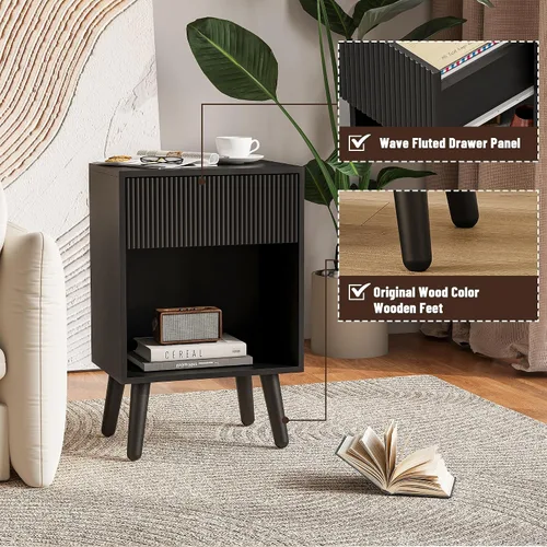 Miniatura 4 de Mesita de noche, mesa auxiliar moderna con cajones de almacenamiento y estante de madera abierto, mesita de noche con patas de madera maciza, mesas