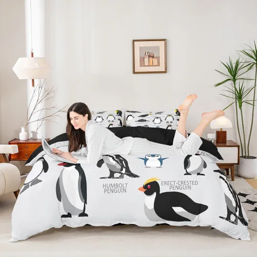 Miniatura 3 de Erosebridal Funda de edredón de pingüinos tamaño Queen, juego de ropa de cama de pingüinos negros y blancos, funda de edredón de animales lindos