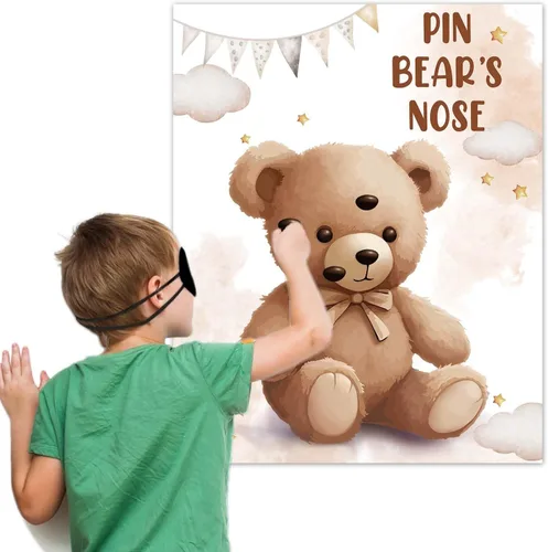 Miniatura 4 de Pin The Noses on The Bear - Juego de fiesta de oso de peluche, póster grande con 24 calcomanías de nariz para cumpleaños de niños, tema de baby