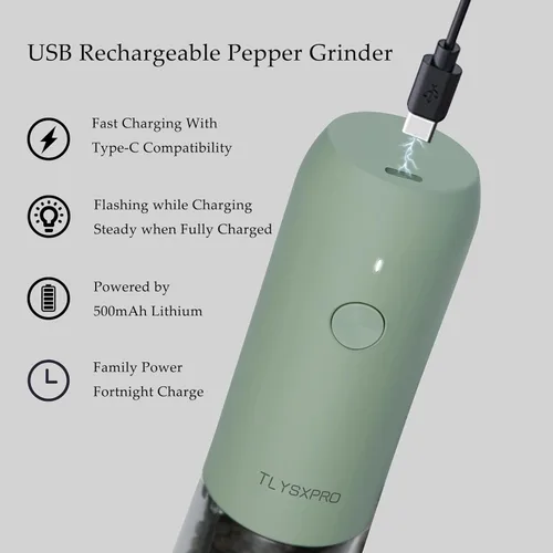 Miniatura 5 de Molinillo eléctrico de sal y pimienta, recargable por USB, salero y pimentero automático, grosor ajustable, molinillo de pimienta eléctrico, luz 1