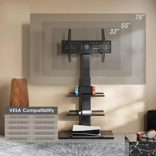 Miniatura 6 de FITUEYES Soporte universal para TV de suelo con base de hierro con inclinación giratoria, soporte de TV para pantallas de 32 a 75 pulgadas, soporte