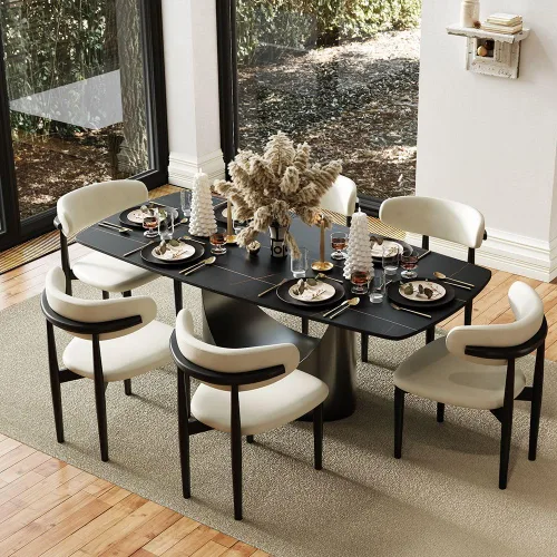 Miniatura 12 de POVISON Juego de mesa de comedor para 4, mesa rectangular negra de piedra sinterizada mate de 63 pulgadas con base de acero al carbono bronce, silla