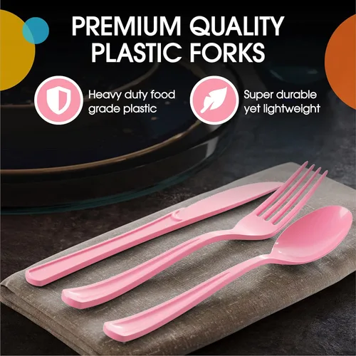 Miniatura 4 de Party Solids Tenedores de plástico rosa, 200 piezas, tenedores rosa, utensilios desechables, juego de cubiertos de plástico resistente