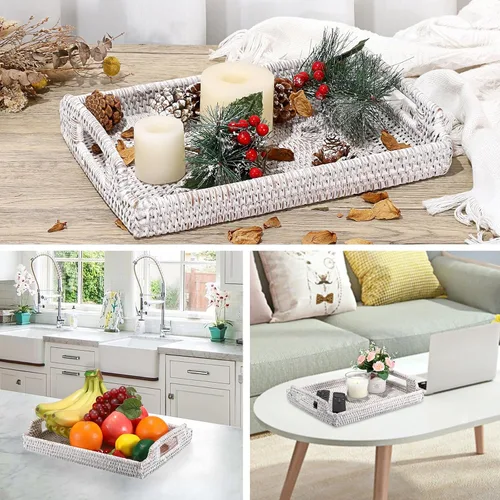 Miniatura 5 de Hipiwe Bandeja de ratán para servir con asas de madera, bandeja decorativa tejida a mano para mesa de café, cesta rectangular, bandejas otomanas