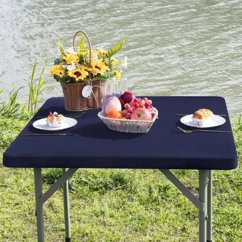 Miniatura 2 de Mantel cuadrado ajustable elástico de elastano para mesa, para comedor, cocina, hogar, fiesta, color azul marino, 34 x 34 pulgadas