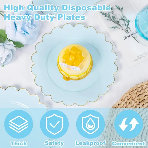 Miniatura 7 de LIYH - 100 platos de plástico azul, bordes festoneados de 7.5 pulgadas, platos desechables para postre/ensalada, color azul con borde dorado, platos