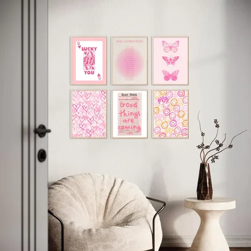Miniatura 2 de QMV 6 piezas de arte de pared rosa preppy de póquer Halo Digital Room Póster estético mariposa sonriente y2k retro moda estilo universitario