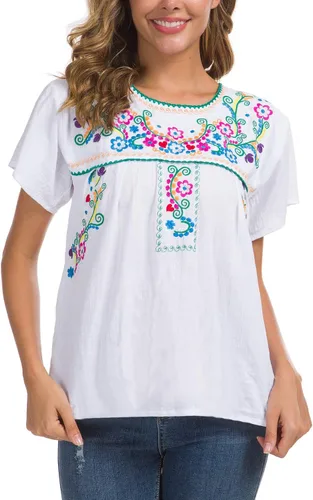 Miniatura 8 de YZXDORWJ - Blusa mexicana bordada para mujer - Camisa de verano manga corta