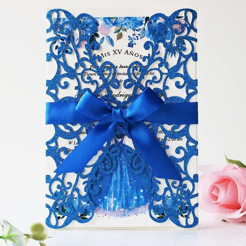 Miniatura 7 de 20 piezas de 5.12 x 7.28 pulgadas azul real con purpurina para invitaciones de boda con bolsillo floral hueco con sobres para invitación de Azul Rey