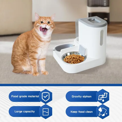 Miniatura 5 de Juego de dispensador automático de comida y agua para gatos, 2 en 1, comedero de gravedad todo en uno con tazón de comida para gatos de acero 【Gris】
