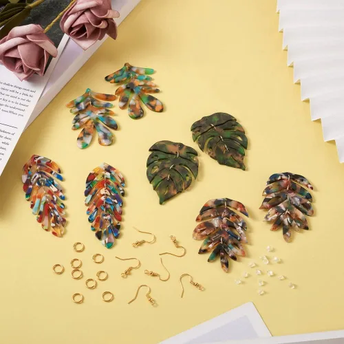 Miniatura 5 de Mega Pet Kit de fabricación de aretes, 10 colgantes de hoja de resina de acetato de celulosa con 20 ganchos de latón para aretes, 30 anillos