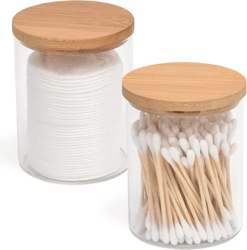 BKYFPQ Juego de 2 dispensadores de vidrio para Qtip - Tarros de boticario con tapas, organizador de maquillaje de tocador y organizador de