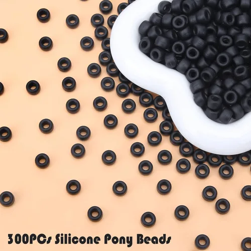 Miniatura 3 de 300 piezas de cuentas de pony de silicona para trenzar el cabello, colores negros 6 * 9 mm cuentas de kandi suaves para hacer pulseras, bolígrafos