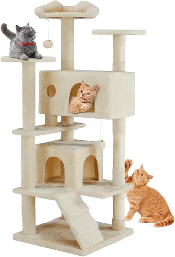 Miniatura 19 de DUMOS Torre grande de árbol para gatos de 66 pulgadas, torre alta de escalada para gatos de varios niveles con postes rascadores de sisal natural