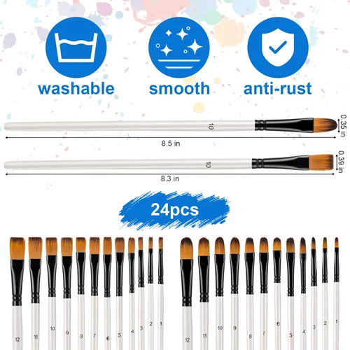 Miniatura 3 de YGAOHF Flat Filbert - Juego de 24 pinceles de nailon para acuarela acrílica, aceite gouache, detalles de manualidades, pintura corporal y cara, kit