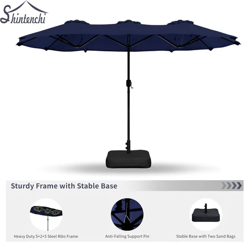 Miniatura 6 de Shintenchi Sombrilla de patio grande de 16 pies con base, sombrilla rectangular de doble cara para exteriores, sombrilla de mercado con manivela