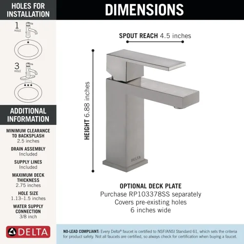 Miniatura 5 de DELTA - Grifo de baño moderno de níquel cepillado de un solo agujero, llave de lavabo de baño para mueble, accesorio de desagüe desplegable