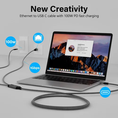 Miniatura 2 de Cable Ethernet a USB-C, 6 pies, cable tipo C a RJ45 con USB-C macho, carga rápida PD de 100 W, Gigabit, para MacBook Surfing Internet