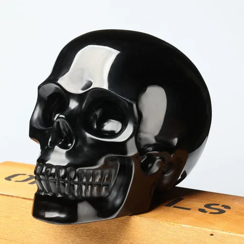 Miniatura 4 de Cabeza de calavera de cristal de obsidiana negra natural de 5 pulgadas, tallada a mano, estatua de piedra curativa de Reiki, decoración de sala