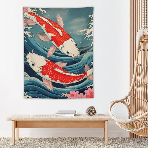 Miniatura 5 de QEOPGNE Tapiz de pared grande con diseño de pez Koi, grandes olas japonesas, flores de cerezo, banderas retro para habitación, sala de estar