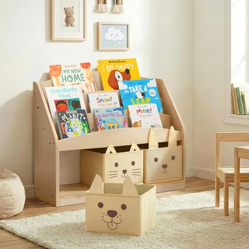 Miniatura 9 de OOOK Estantería infantil de 3 niveles con 3 contenedores de almacenamiento de tela extraíbles, estantería Montessori para niños pequeños